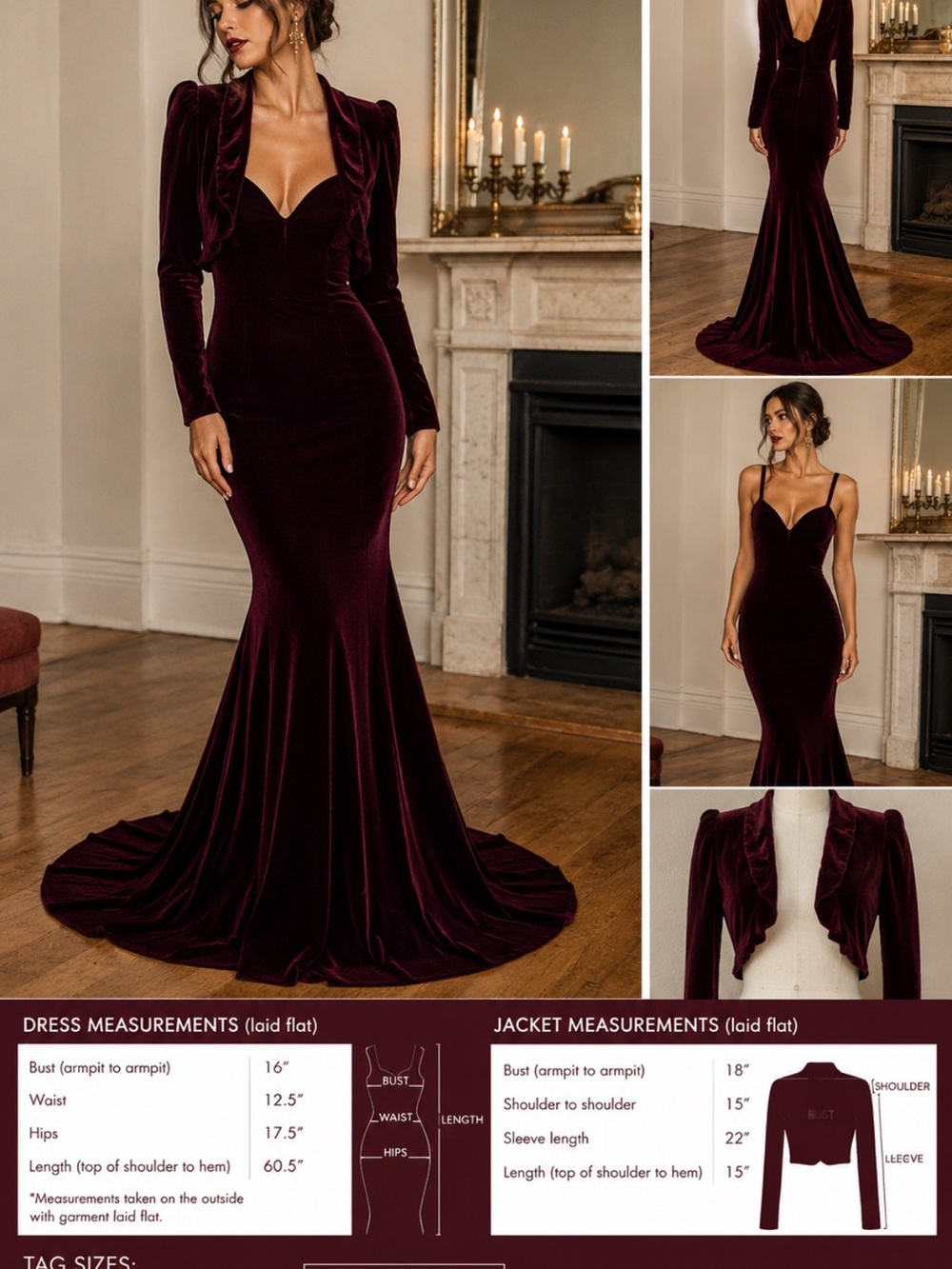 Vintage Roberta Burgundy Velvet Mermaid Gown & Bolero Jacket Set USA Made Medium